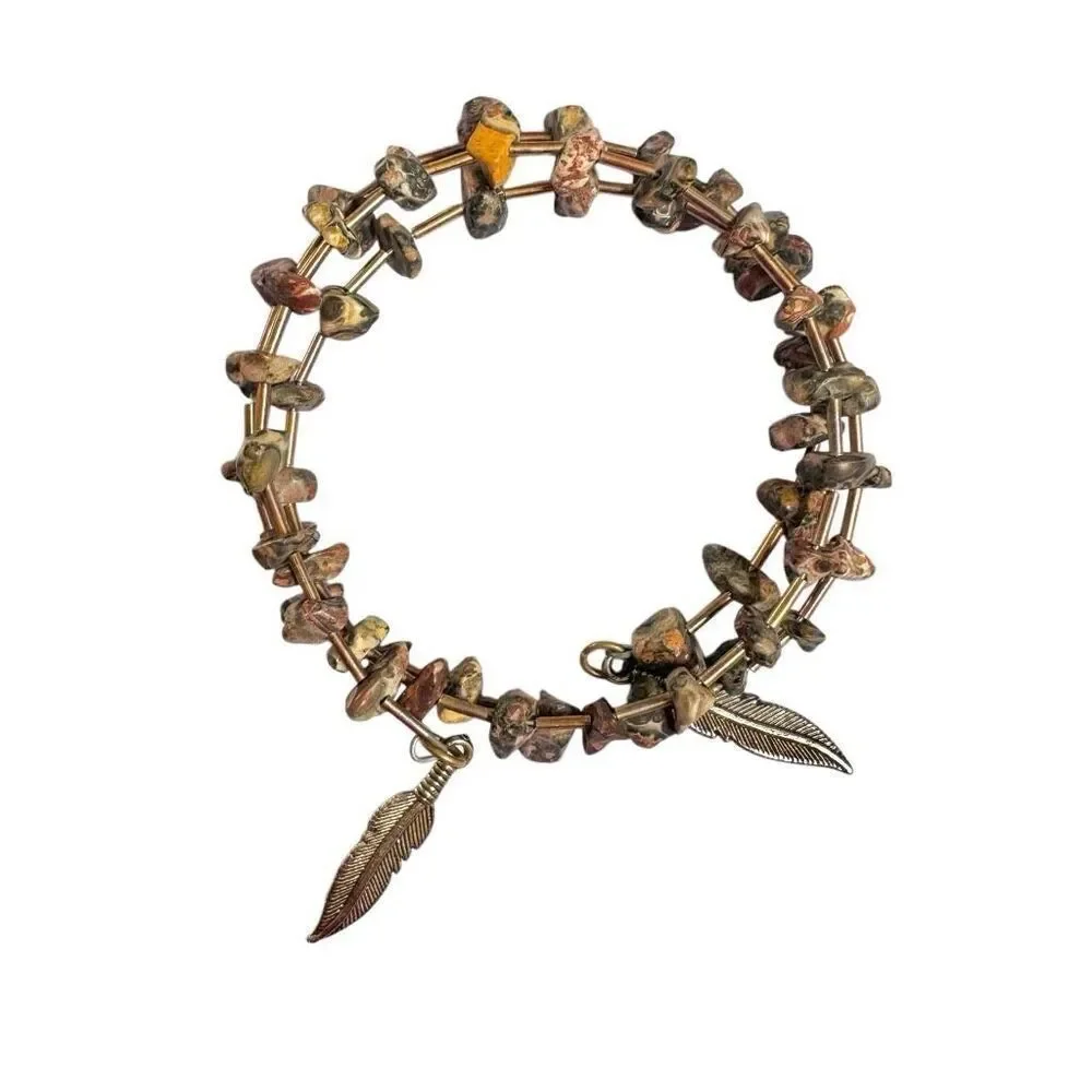 Leopard skin Jasper wrap around leaf charm bracelet